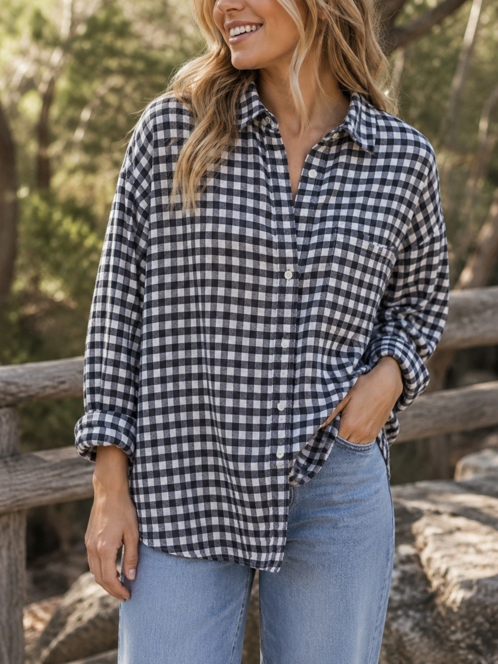 Aerie XS Oversized Black White Gingham Plaid Button Up Boyfriend Shirt Cotton